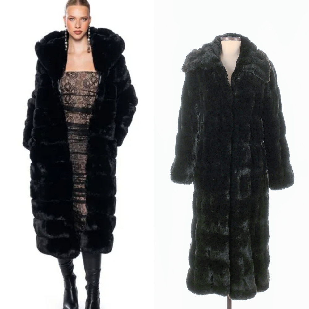 Fabulous Furs Luxe Black Long Faux-Fur Hooded Trench Coat